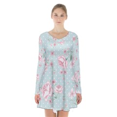 Shabby Chic,pink,roses,polka Dots Long Sleeve Velvet V-neck Dress by NouveauDesign