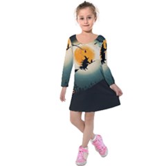 Halloween landscape Kids  Long Sleeve Velvet Dress