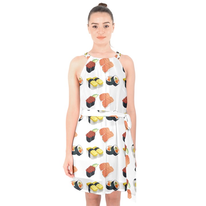 Sushi pattern Halter Collar Waist Tie Chiffon Dress