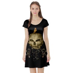 Golden Skull With Crow And Floral Elements Short Sleeve Skater Dress by FantasyWorld7