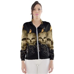 Golden Skull With Crow And Floral Elements Wind Breaker (women) by FantasyWorld7