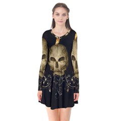 Golden Skull With Crow And Floral Elements Flare Dress by FantasyWorld7