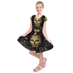 Golden Skull With Crow And Floral Elements Kids  Short Sleeve Dress by FantasyWorld7