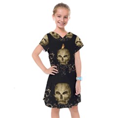 Golden Skull With Crow And Floral Elements Kids  Drop Waist Dress by FantasyWorld7