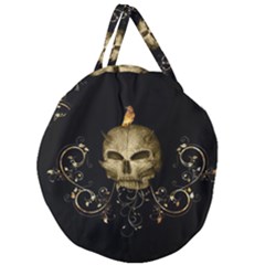 Golden Skull With Crow And Floral Elements Giant Round Zipper Tote by FantasyWorld7