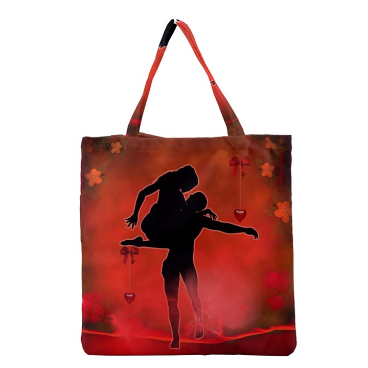 Dancing Couple On Red Background With Flowers And Hearts Grocery Tote Bag