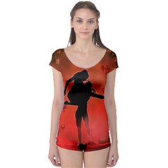 Dancing Couple On Red Background With Flowers And Hearts Boyleg Leotard  by FantasyWorld7