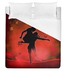 Dancing Couple On Red Background With Flowers And Hearts Duvet Cover (queen Size) by FantasyWorld7