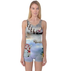 Christmas, Snowman With Santa Claus And Reindeer One Piece Boyleg Swimsuit by FantasyWorld7