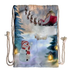 Christmas, Snowman With Santa Claus And Reindeer Drawstring Bag (large) by FantasyWorld7