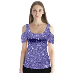 New Sparkling Glitter Print E Butterfly Sleeve Cutout Tee 