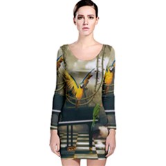 Funny Parrots In A Fantasy World Long Sleeve Velvet Bodycon Dress by FantasyWorld7