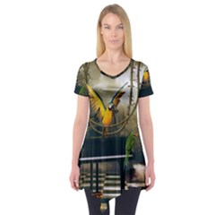 Funny Parrots In A Fantasy World Short Sleeve Tunic  by FantasyWorld7