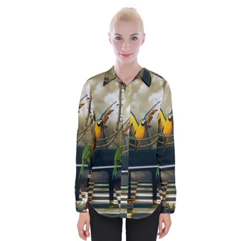 Funny Parrots In A Fantasy World Womens Long Sleeve Shirt by FantasyWorld7