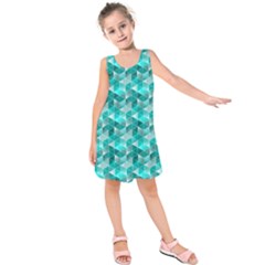 Aquamarine Geometric Triangles Pattern Kids  Sleeveless Dress by KirstenStar