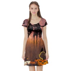 Halloween Design With Scarecrow, Crow And Pumpkin Short Sleeve Skater Dress by FantasyWorld7