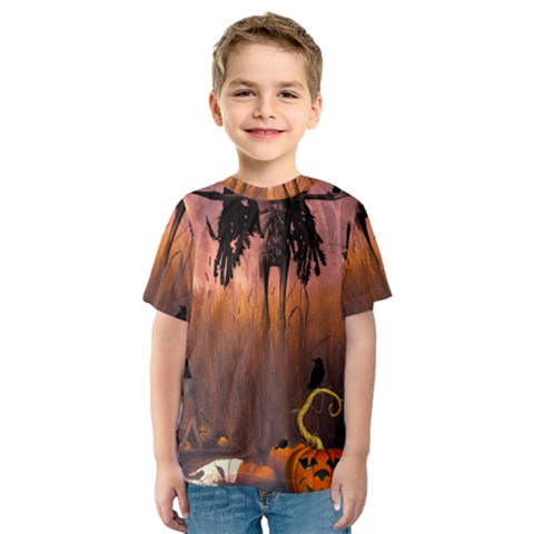 Halloween Design With Scarecrow, Crow And Pumpkin Kids  Sport Mesh Tee by FantasyWorld7