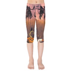 Halloween Design With Scarecrow, Crow And Pumpkin Kids  Capri Leggings  by FantasyWorld7