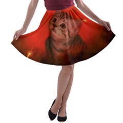 Cute Little Kitten, Red Background A-line Skater Skirt