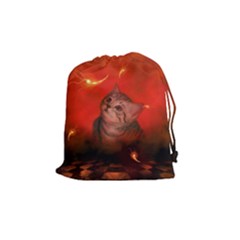 Cute Little Kitten, Red Background Drawstring Pouches (medium)  by FantasyWorld7