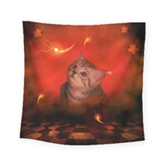 Cute Little Kitten, Red Background Square Tapestry (small)