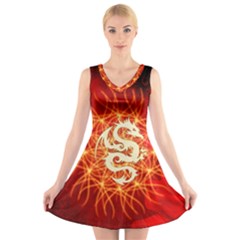 Wonderful Golden Dragon On Red Vintage Background V-neck Sleeveless Skater Dress by FantasyWorld7