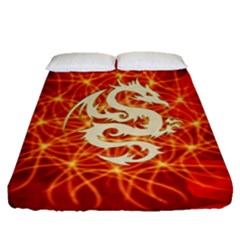 Wonderful Golden Dragon On Red Vintage Background Fitted Sheet (queen Size) by FantasyWorld7