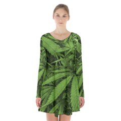 Marijuana Plants Pattern Long Sleeve Velvet V-neck Dress