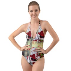 Sanata Claus With Snowman And Christmas Tree Halter Cut-out One Piece Swimsuit by FantasyWorld7