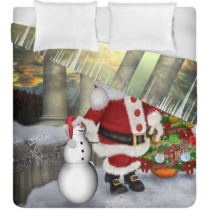 Sanata Claus With Snowman And Christmas Tree Duvet Cover Double Side (King Size)