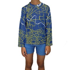 Map Art City Linbe Yellow Blue Kids  Long Sleeve Swimwear by Alisyart
