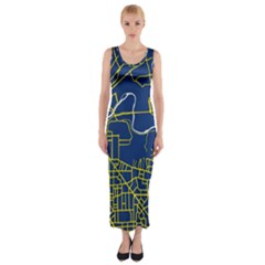 Map Art City Linbe Yellow Blue Fitted Maxi Dress