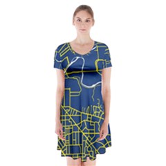 Map Art City Linbe Yellow Blue Short Sleeve V-neck Flare Dress by Alisyart