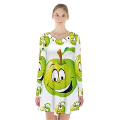 Apple Green Fruit Emoji Face Smile Fres Red Cute Long Sleeve Velvet V-neck Dress by Alisyart