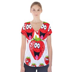 Strawberry Fruit Emoji Face Smile Fres Red Cute Short Sleeve Front Detail Top