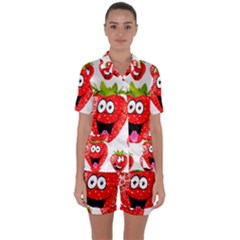 Strawberry Fruit Emoji Face Smile Fres Red Cute Satin Short Sleeve Pyjamas Set