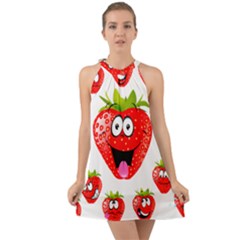 Strawberry Fruit Emoji Face Smile Fres Red Cute Halter Tie Back Chiffon Dress