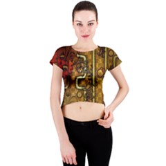 Noble Steampunk Design, Clocks And Gears With Floral Elements Crew Neck Crop Top by FantasyWorld7