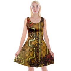 Noble Steampunk Design, Clocks And Gears With Floral Elements Reversible Velvet Sleeveless Dress by FantasyWorld7