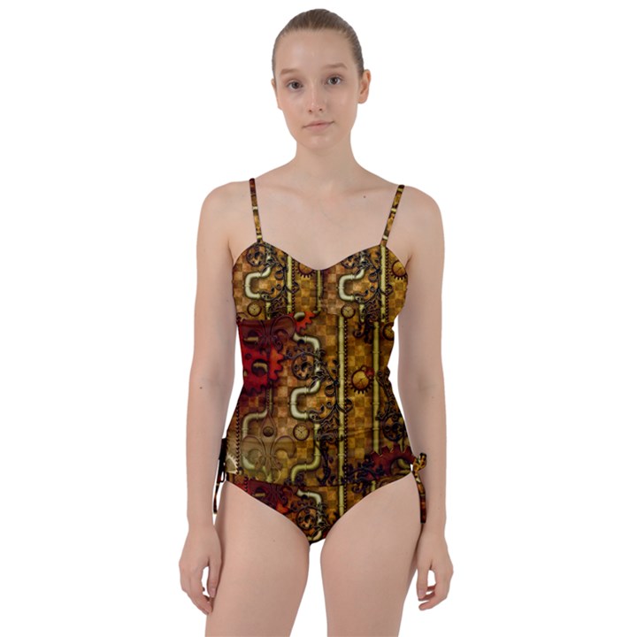 Noble Steampunk Design, Clocks And Gears With Floral Elements Sweetheart Tankini Set