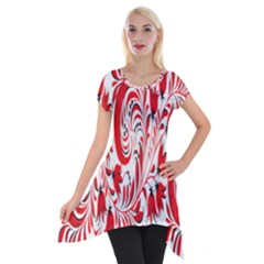 Red Flower Floral Leaf Short Sleeve Side Drop Tunic by Mariart