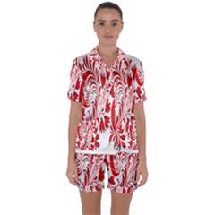 Red Flower Floral Leaf Satin Short Sleeve Pyjamas Set