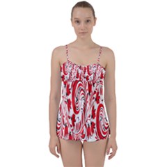 Red Flower Floral Leaf Babydoll Tankini Set