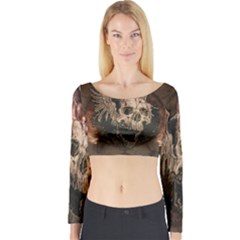 Awesome Creepy Skull With Rat And Wings Long Sleeve Crop Top