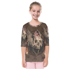 Awesome Creepy Skull With Rat And Wings Kids  Quarter Sleeve Raglan Tee