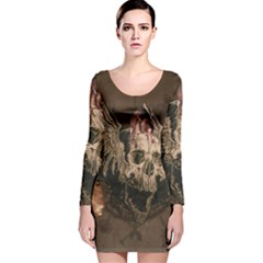 Awesome Creepy Skull With Rat And Wings Long Sleeve Velvet Bodycon Dress