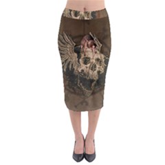 Awesome Creepy Skull With Rat And Wings Midi Pencil Skirt