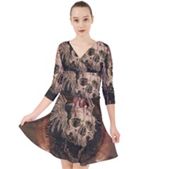 Awesome Creepy Skull With Rat And Wings Quarter Sleeve Front Wrap Dress	