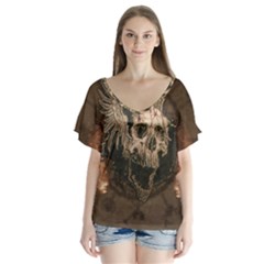 Awesome Creepy Skull With Rat And Wings V-Neck Flutter Sleeve Top