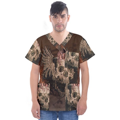 Awesome Creepy Skull With Rat And Wings Men s V-neck Scrub Top by FantasyWorld7